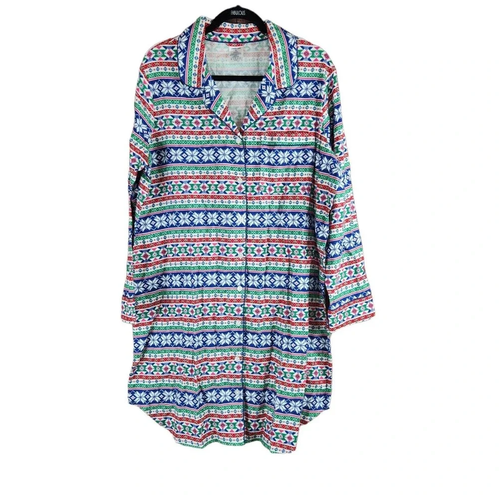 Land's End Womens Night Gown Size XL 18 Fair Isle Long Sleeve Christmas Red Blue - Picture 1 of 5